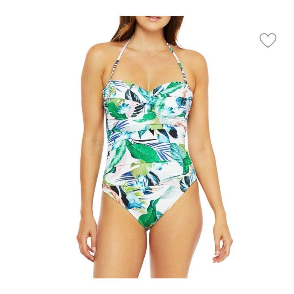 NWOT La Blanca In The Moment Bandeau One Piece Swimsuit Green Multi Print Size 2